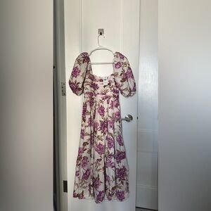 Abercrombie & Fitch Emerson Poplin Puff Sleeve Midi Dress in Pink Magenta/Cream